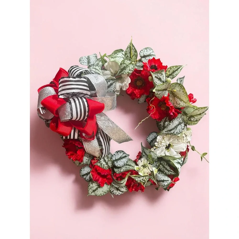 Colorful Spring Wreath; Faux Floral Door Accent; Red and White Wreath